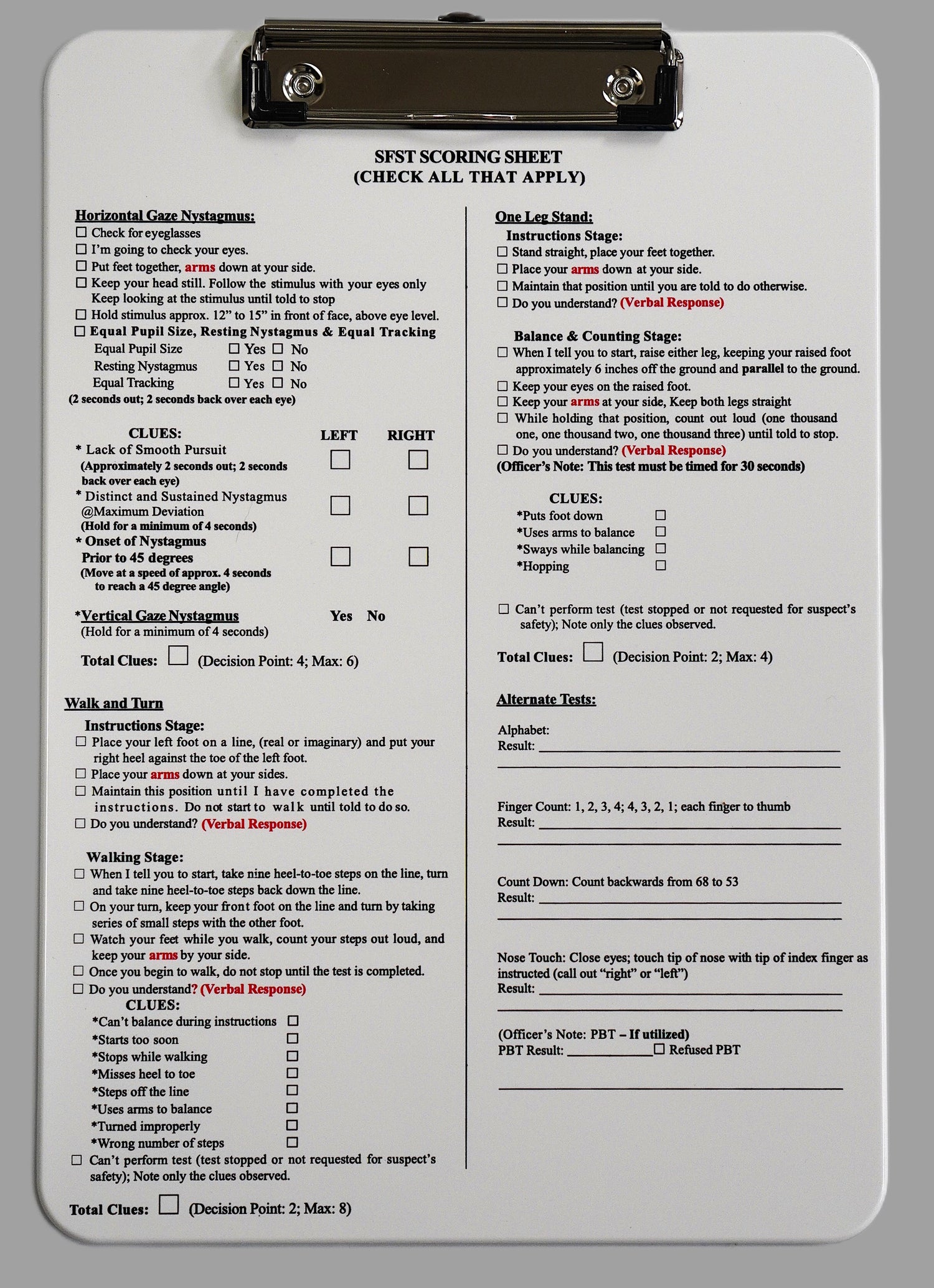 Updated SFST Scoring Sheet – Texas DPSOA Online Store
